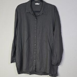 Eileen Fisher Dark Green Casual Buttom Down Shirt 100% Organic Linen Size Large.